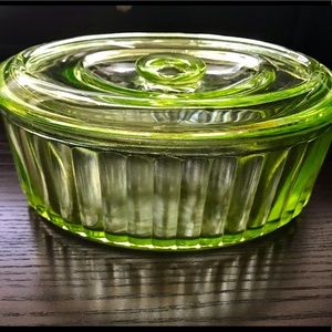 Vintage Depression Uranium Glass Refrigerator Oval Dish with Lid EUC